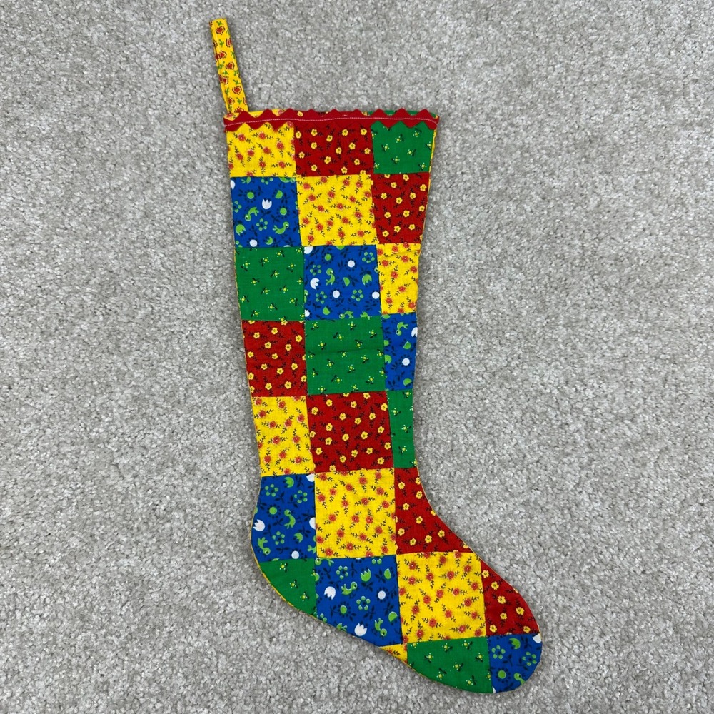 Vintage Handmade Patchwork Christmas Stocking Quilted Floral Plaid Colorful